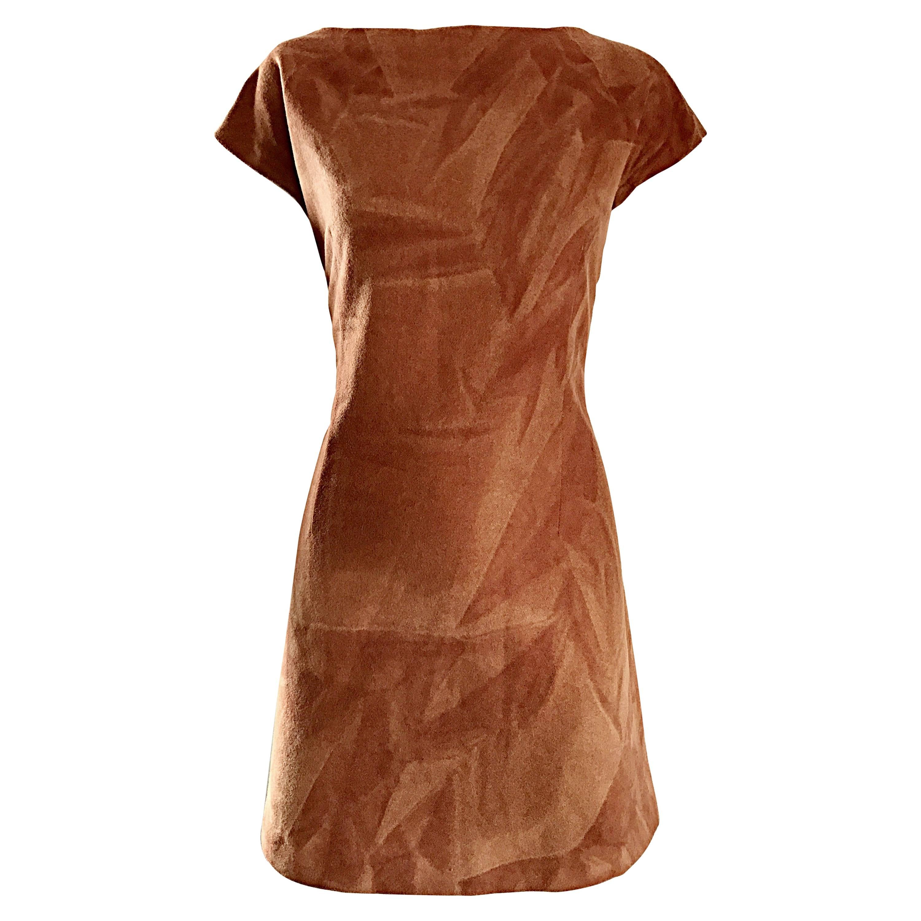 Rare 1960s Karl Lagerfeld for Fendi Rust Brown Abstract Wool A - Line 60s Dress
