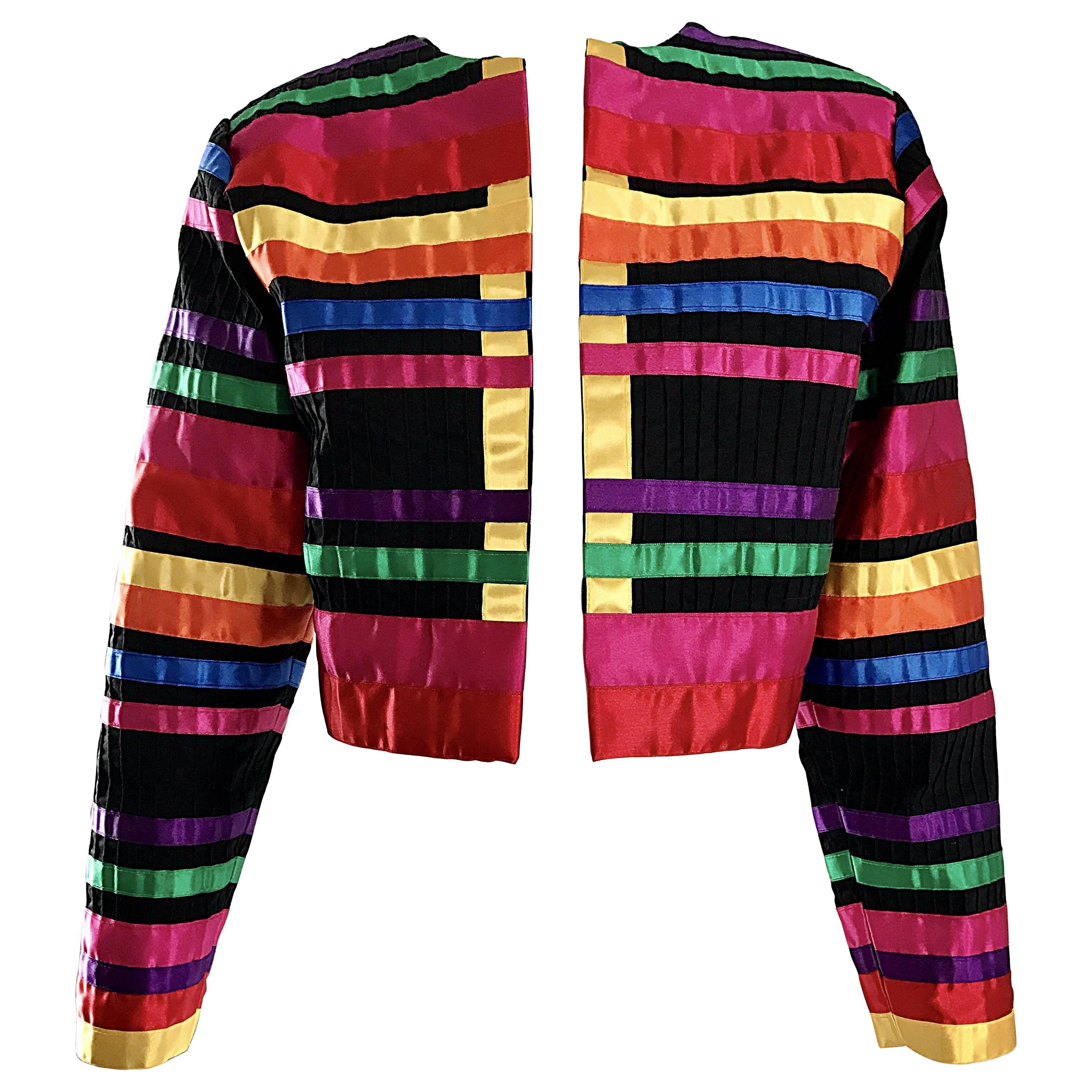 Fabulous Vintage Tachi Castillo Colorful Cotton + Silk Cropped Ribbon Jacket 