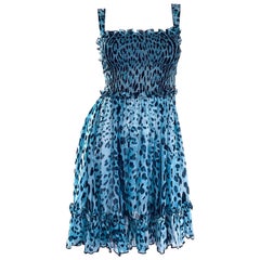 New Giambattista Valli Blue Leopard Print Silk Chiffon Semi Sheer Babydoll Dress