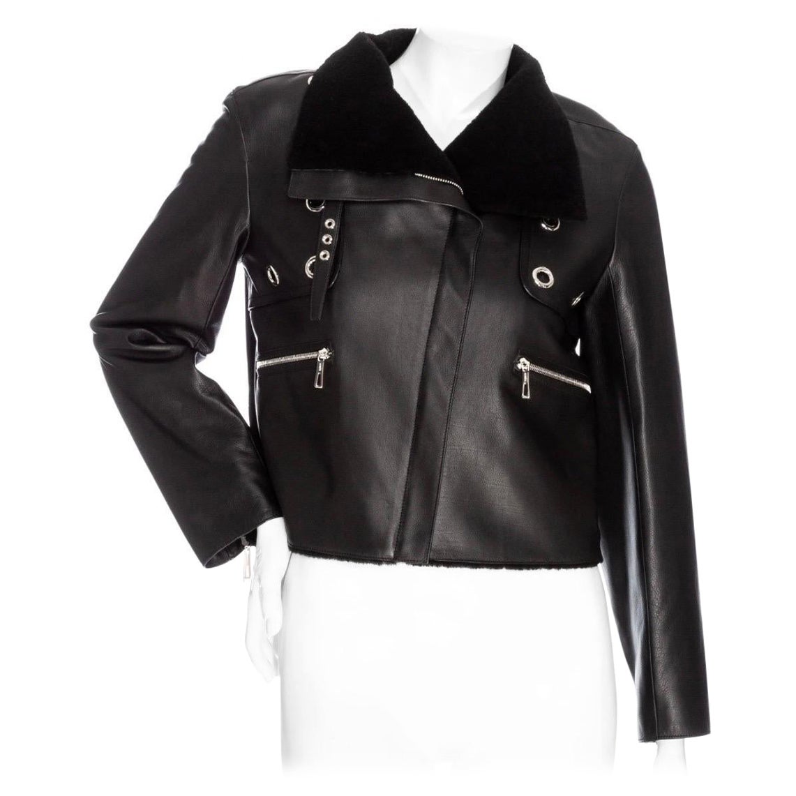 Hermès Black Leather Shearling-Lined Cropped Biker Jacket   For Sale