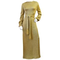 Super Model Length 1970s Gold Metallic Knit Lame Gown with Open Back 