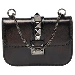 Used Valentino Black Leather Small Rockstud Glam Lock Flap Bag