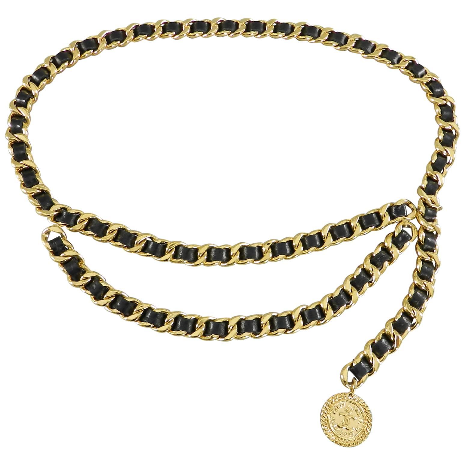 Chanel Vintage 1980
s goldtone Chain Link Belt with Coco Chanel Coin Drop