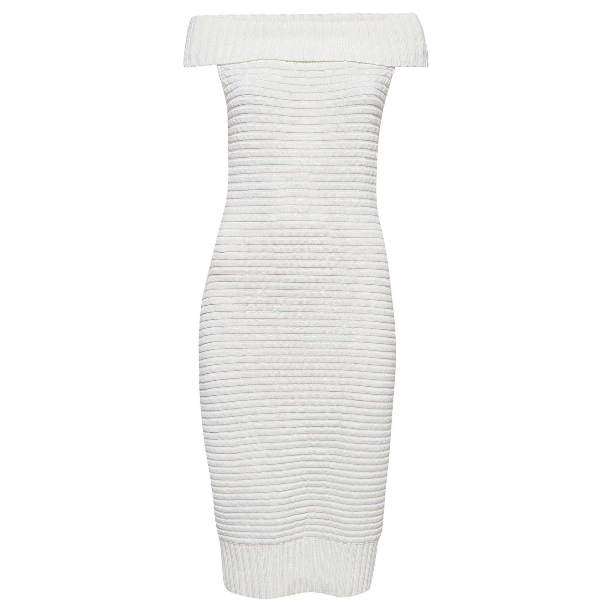 Chanel White Cotton Rib Knit Off-Shoulder Fitted Midi Dress L For Sale