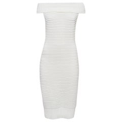 Chanel White Cotton Rib Knit Off-Shoulder Fitted Midi Dress L