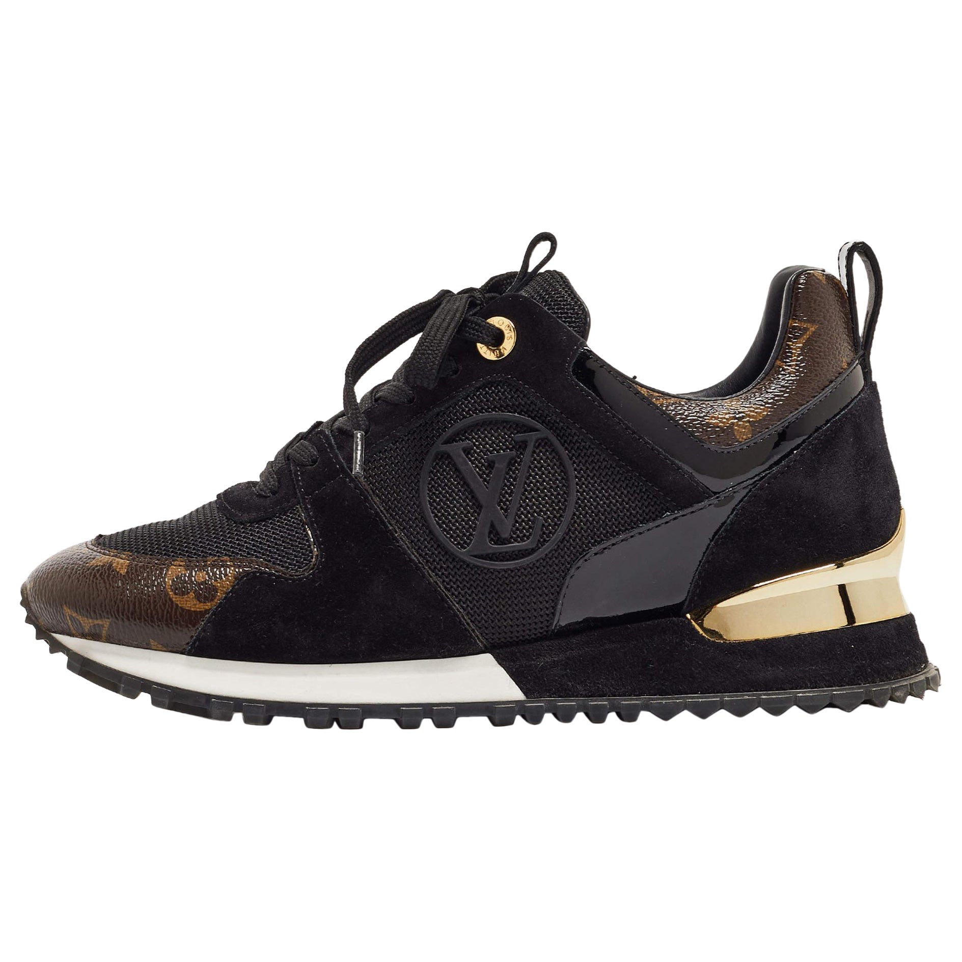 Louis Vuitton Black/Brown Mesh and Monogram Canvas Run Away Sneakers Size 36 For Sale