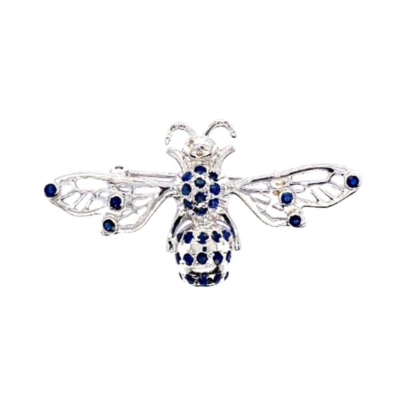 Handcrafted Blue Sapphire and Diamond Bee Brooch in Sterling Silver For Sale