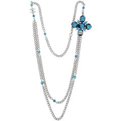 CHANEL 07A Turquoise Blue Tweed and Silver Beaded Long Chain Necklace