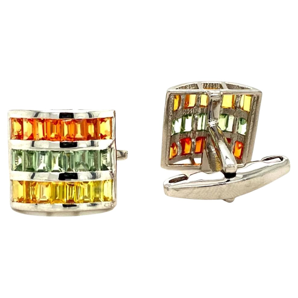 Square Shape Multi Sapphire Cufflinks Made in Sterling Silver for Gifts