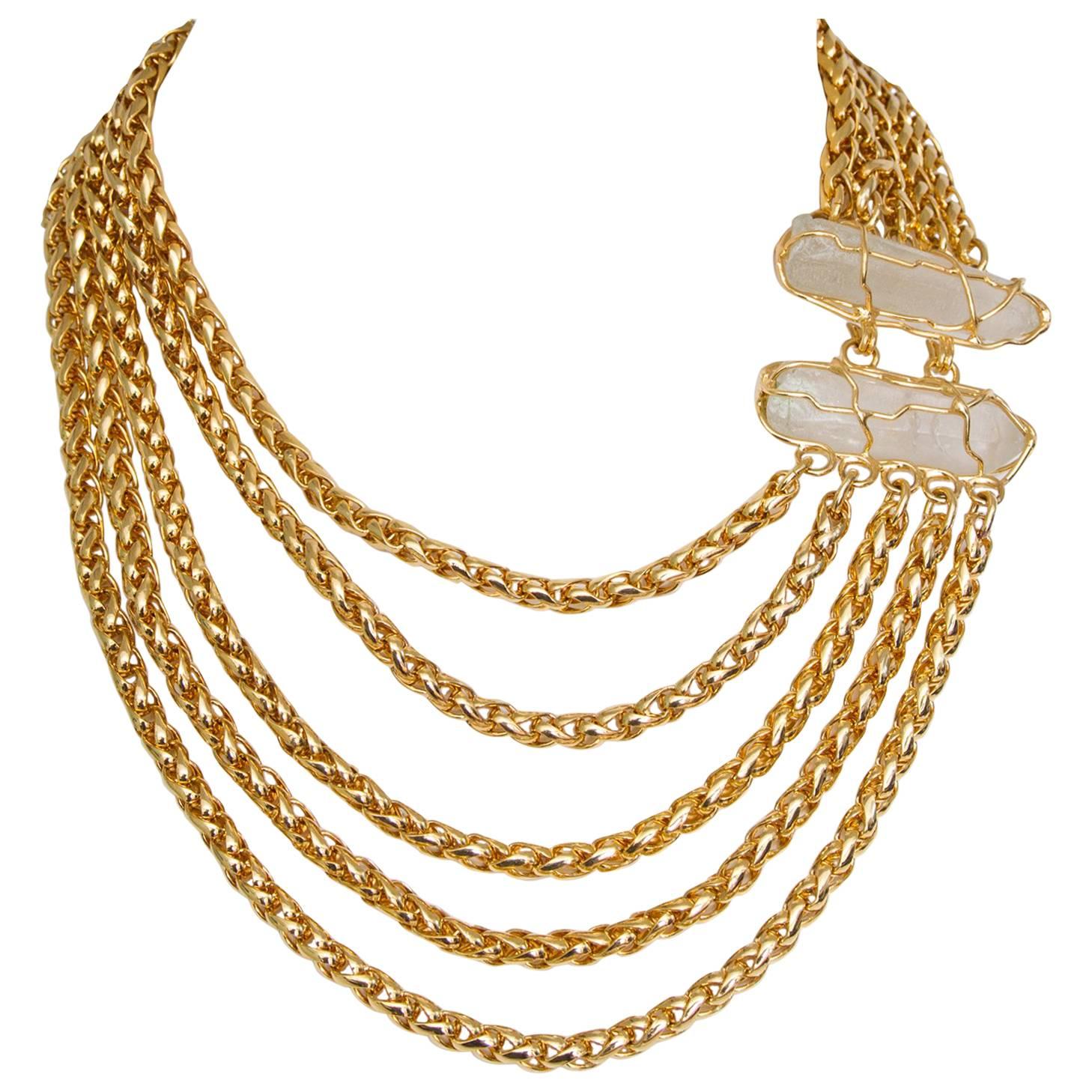 Yves Saint Laurent Crystal and Gold-toned Multi-strand Chain Necklace