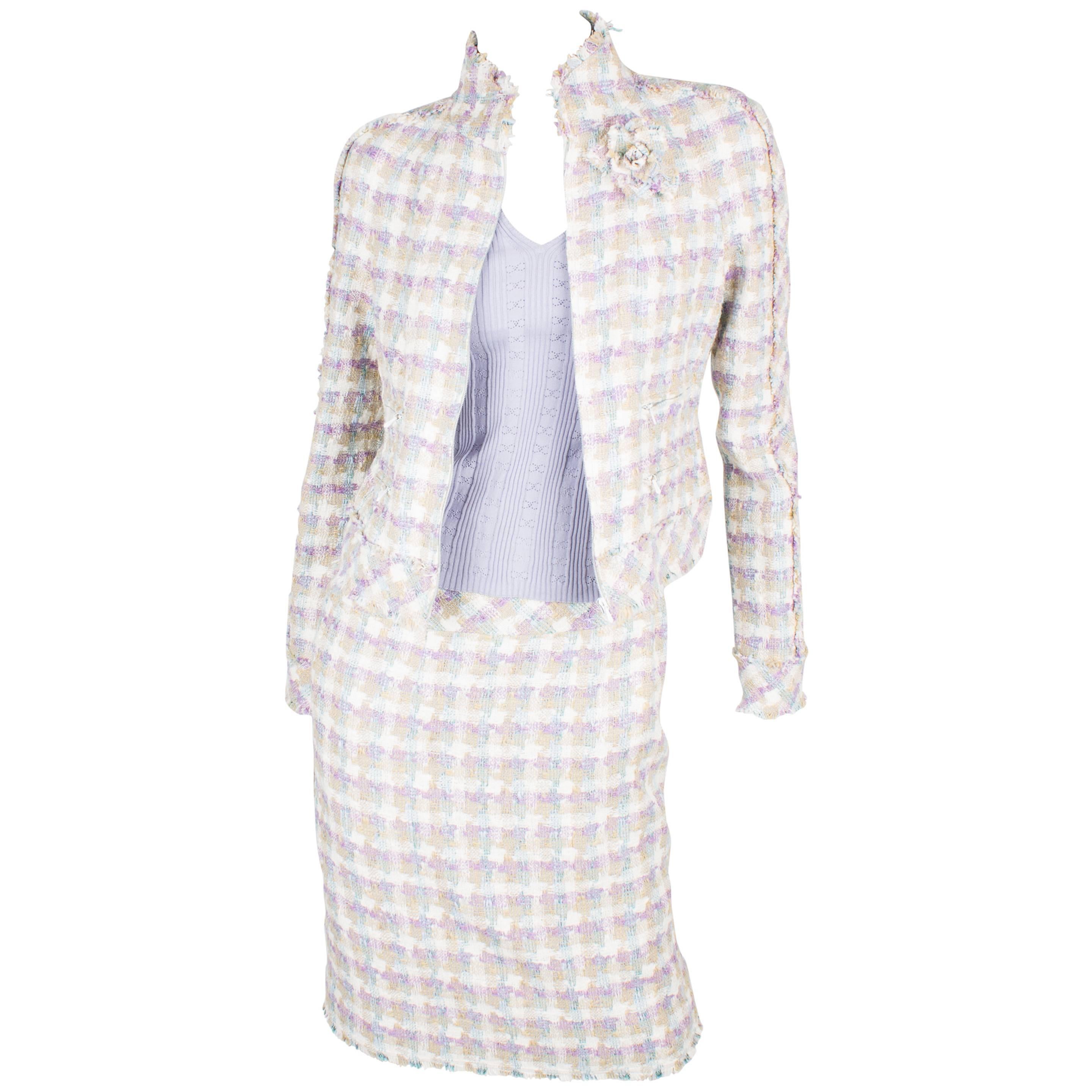 Chanel 4-pcs Suit Jacket, Skirt, Pants & Top - lilac/beige/blue/white 2005 For Sale