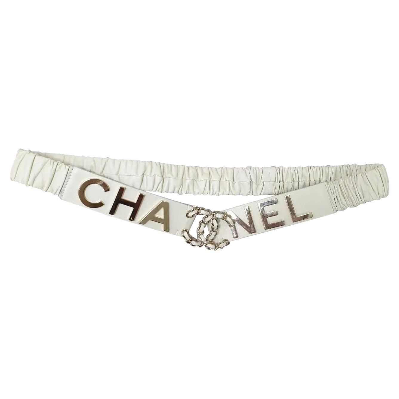 Chanel White Ruched Leather Belt For Sale