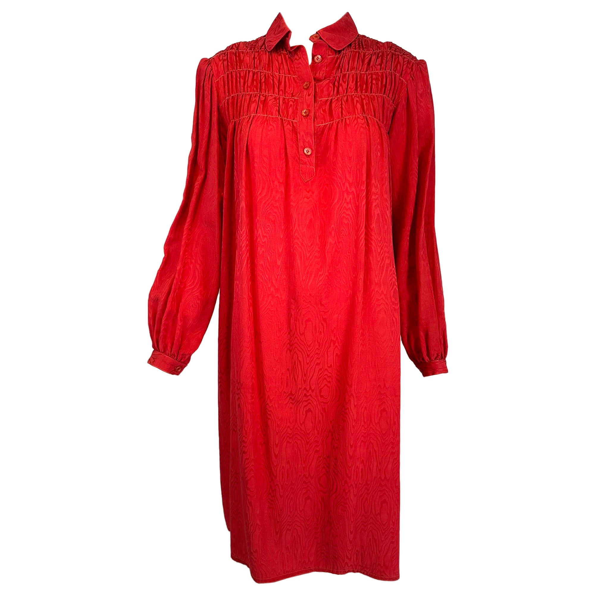 Geoffrey Beene Coral Red Silk Jacquard Smock Dress 1970s For Sale