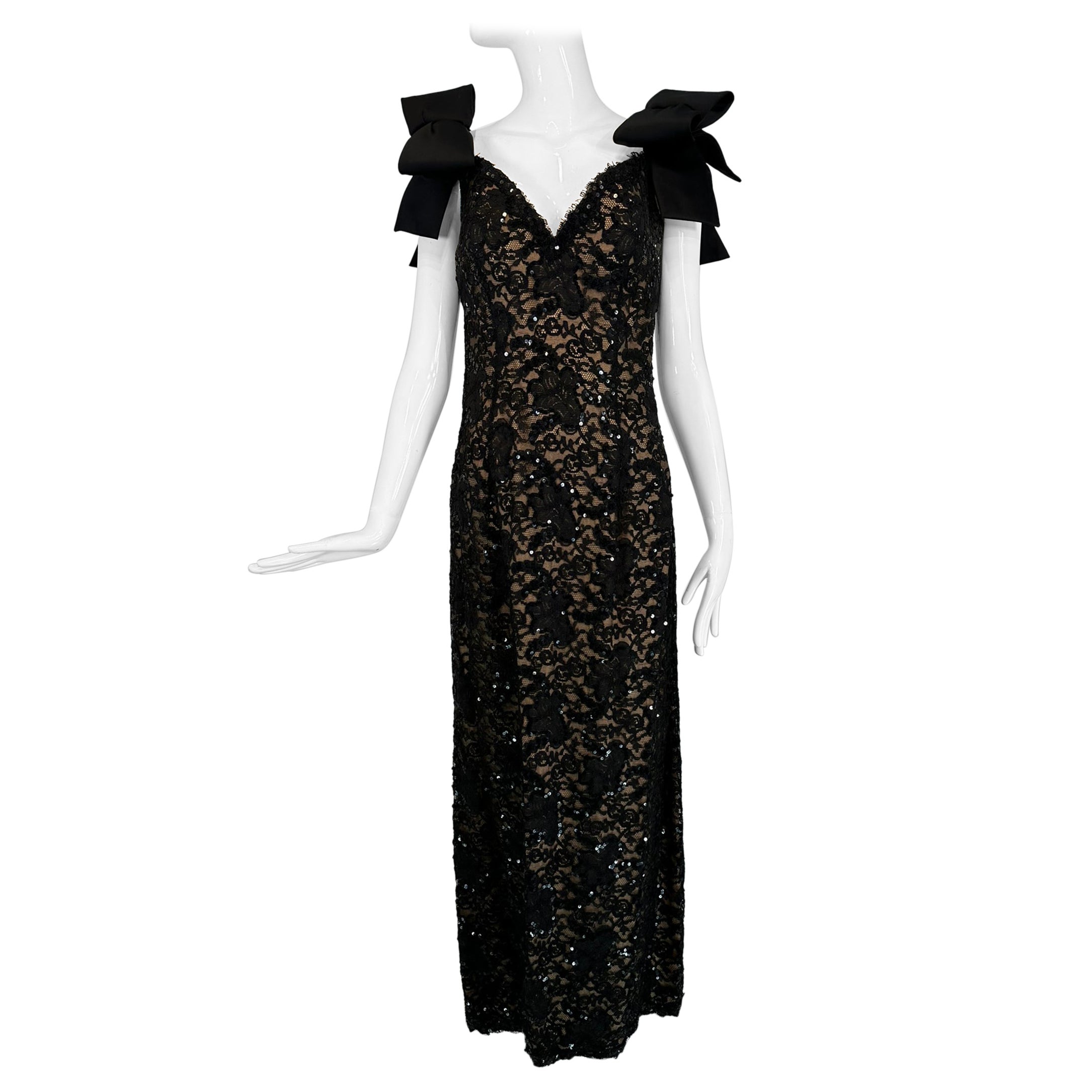 Bob Mackie Black Sequin Embroidered Lace Bow Shoulder Nude Lined Evening dress For Sale