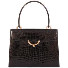 Vintage Elegant Black Crocodile Handbag, Made in France