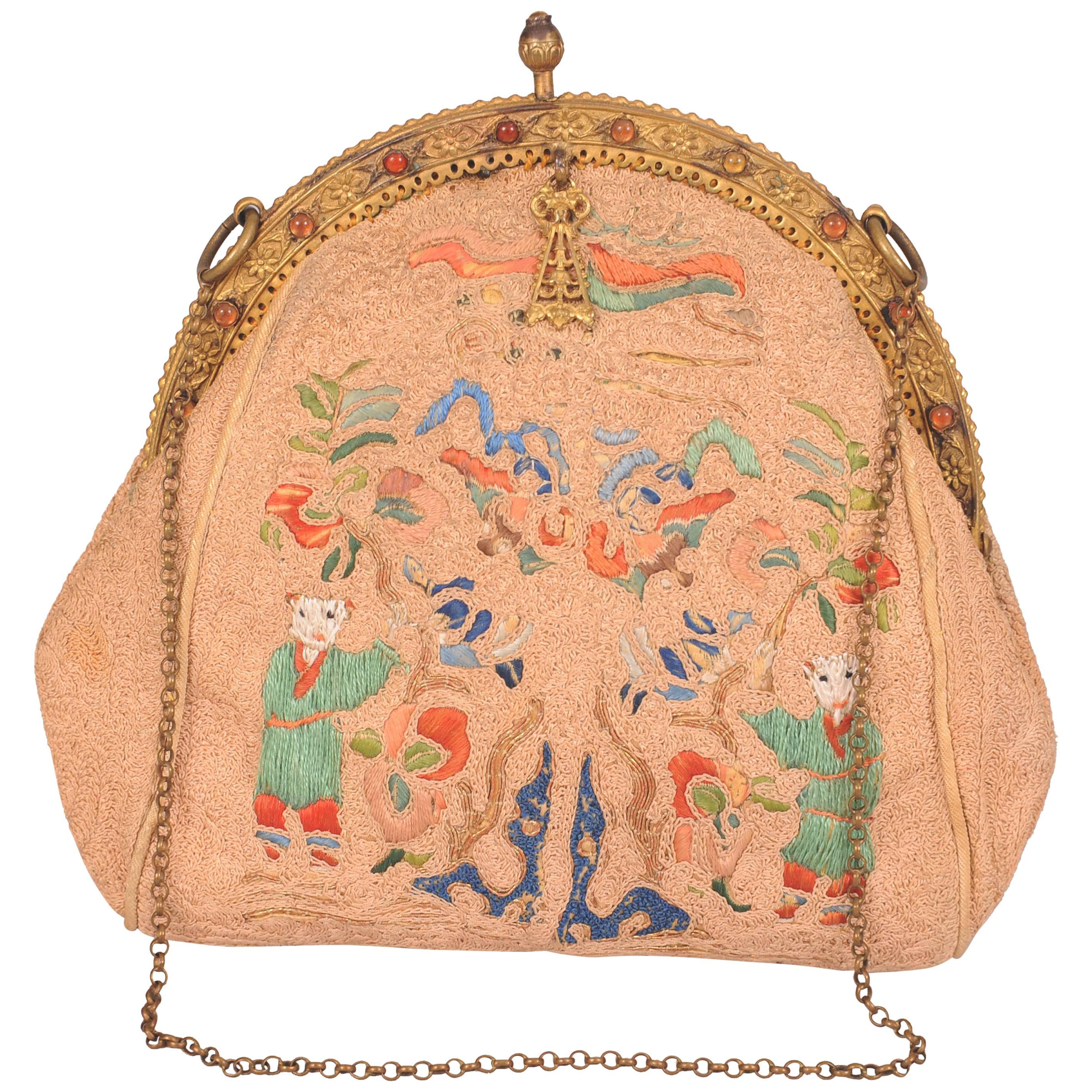 1920's Chinese Hand Embroidered Evening Bag with Jeweled Frame