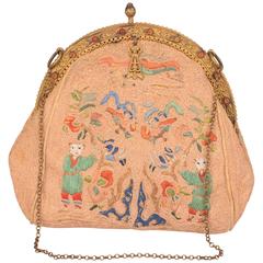 1920's Chinese Hand Embroidered Evening Bag with Jeweled Frame