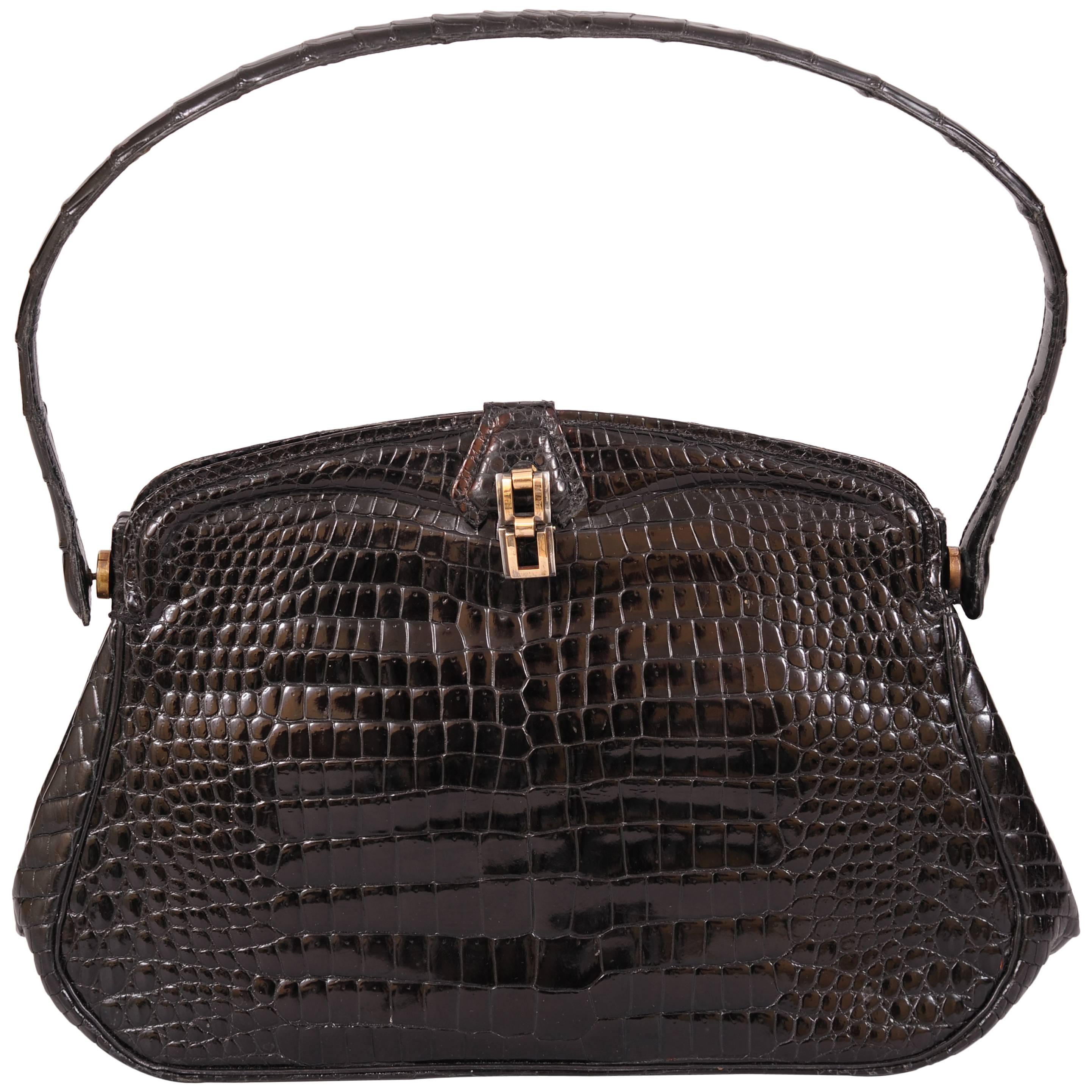 Chic Black Crocodile Evening Bag Hallmarked Sterling and Gold Clasp For Sale