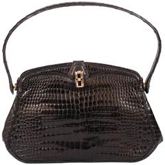 Vintage Chic Black Crocodile Evening Bag Hallmarked Sterling and Gold Clasp