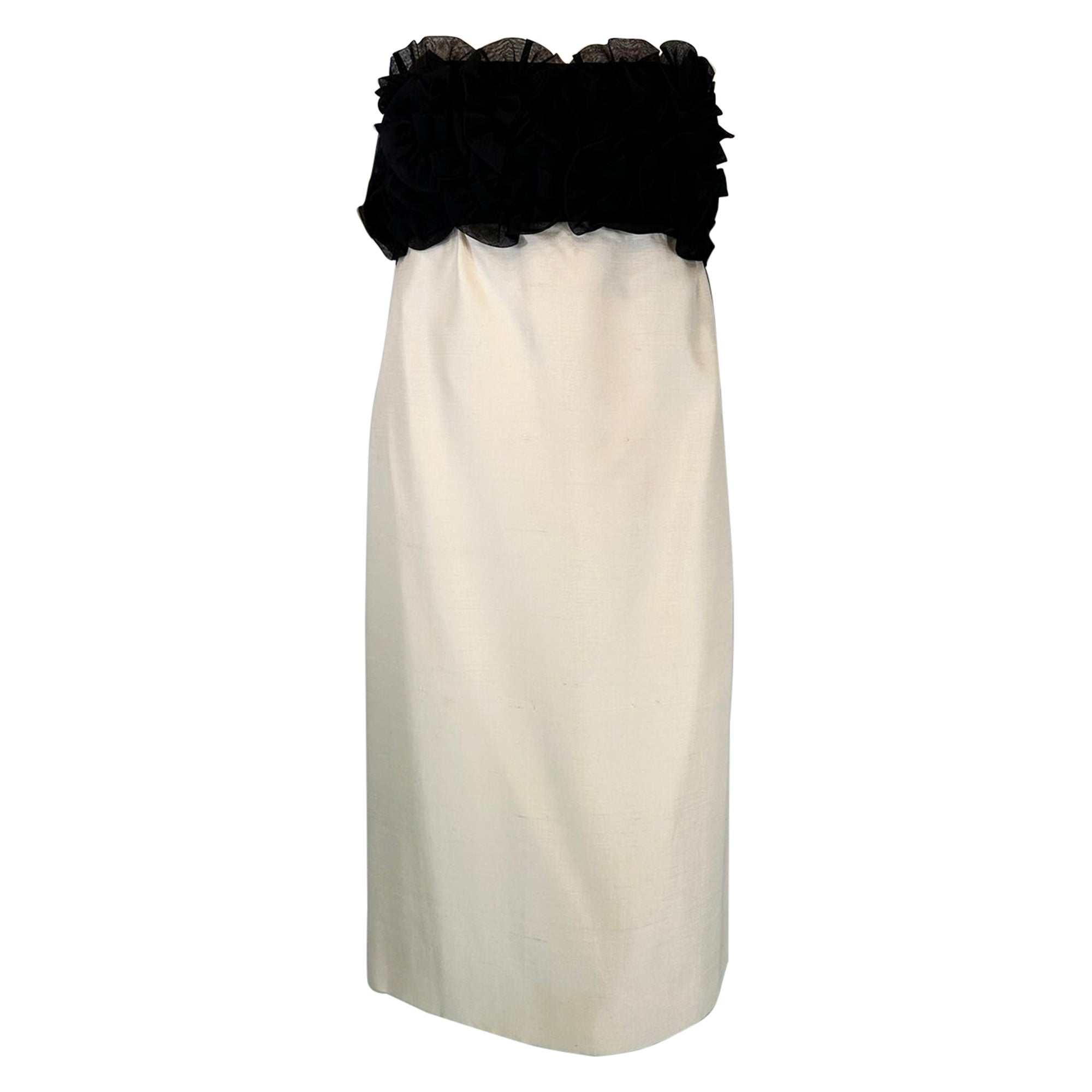 Black & Off White Organza & Slub Silk Strapless Cocktail Dress 1960s S.H. Hirsh For Sale