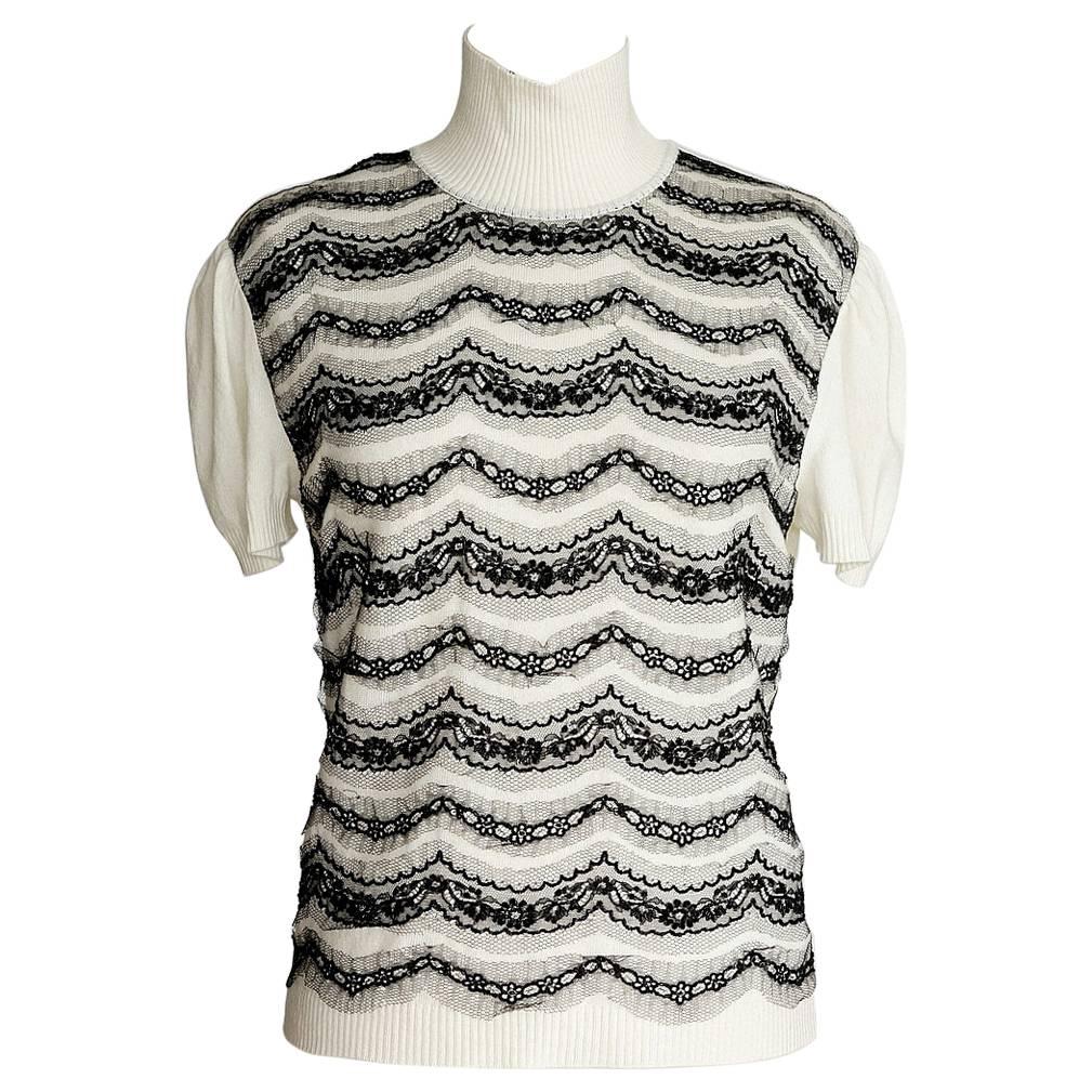 VALENTINO Top Winter White Black Lace and Beaded Overlays L NWT