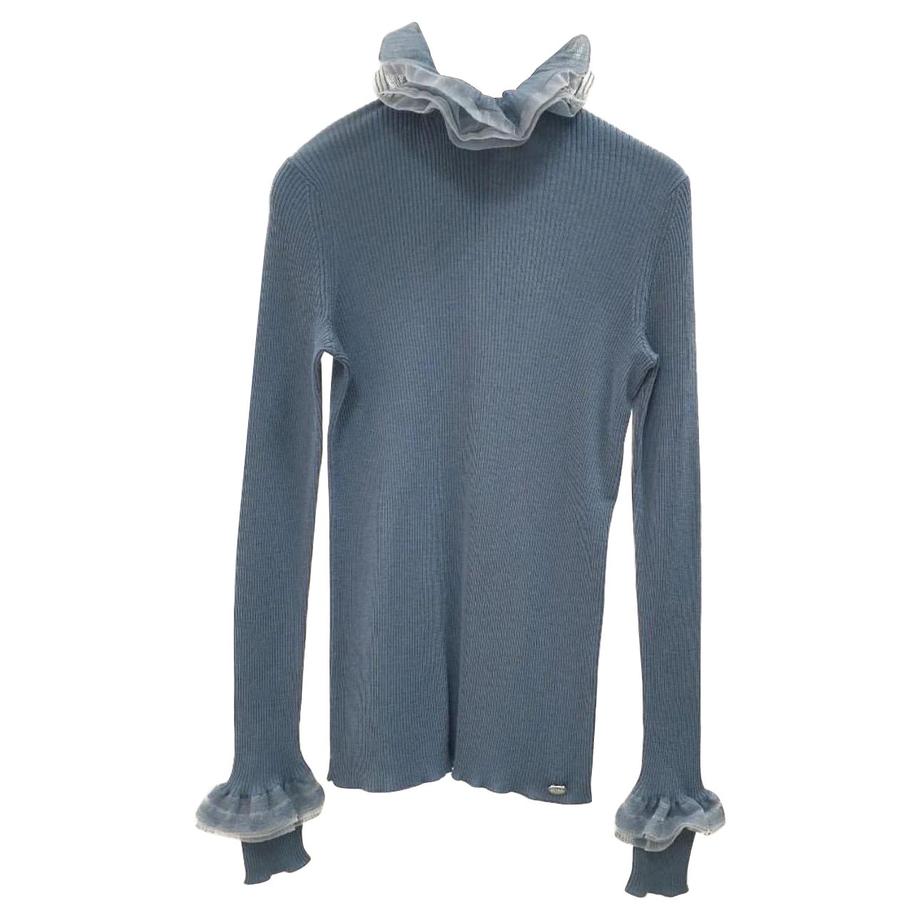 Chanel Grey Blue Wool Knit & Mesh Ruffled Turtleneck Sweater For Sale