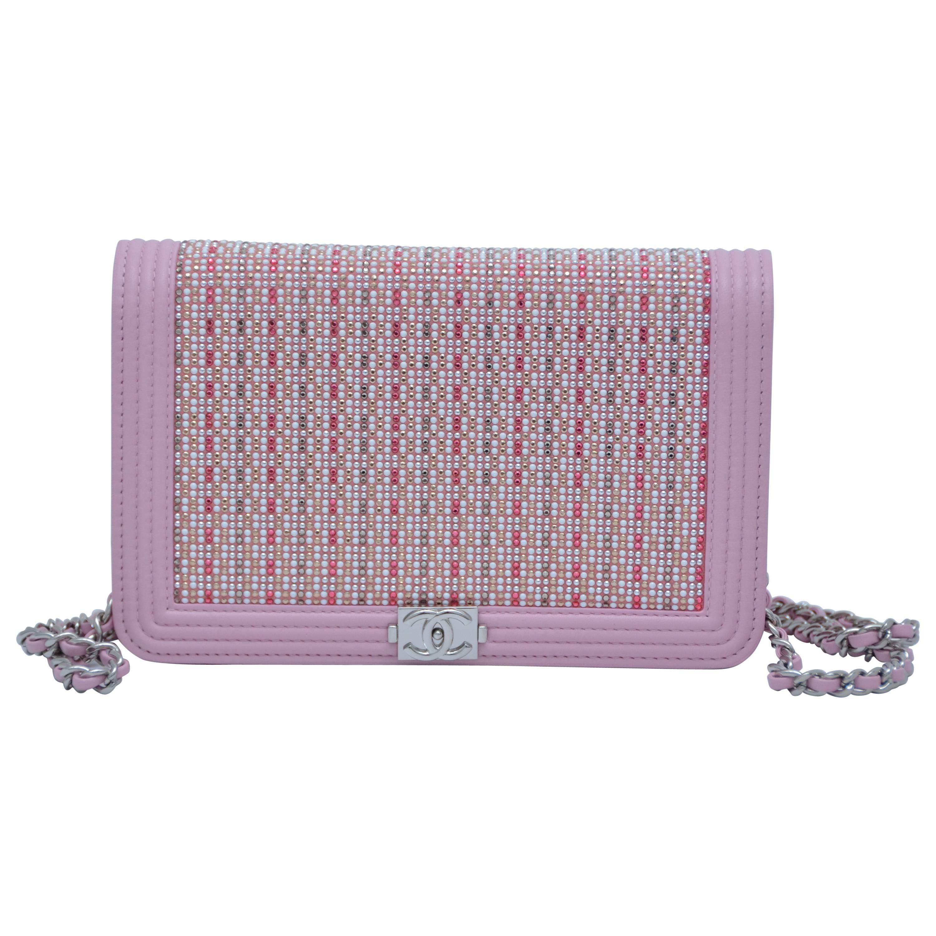 Chanel Baby Pink Wallet On Chain With Sparkling Crystal Embellishments 