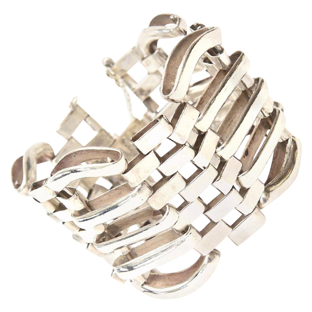 Sterling Silver Modernist Sculptural Link Cuff Bracelet Hallmarked Vintage