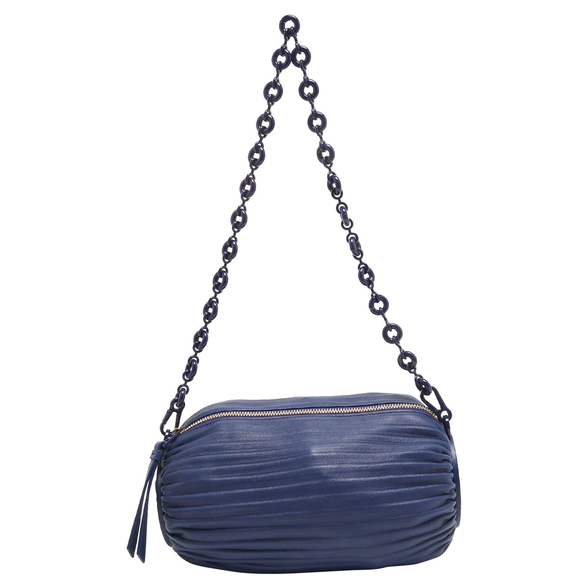 Loewe Blue Leather Pleated Bracelet Pouch Bag For Sale