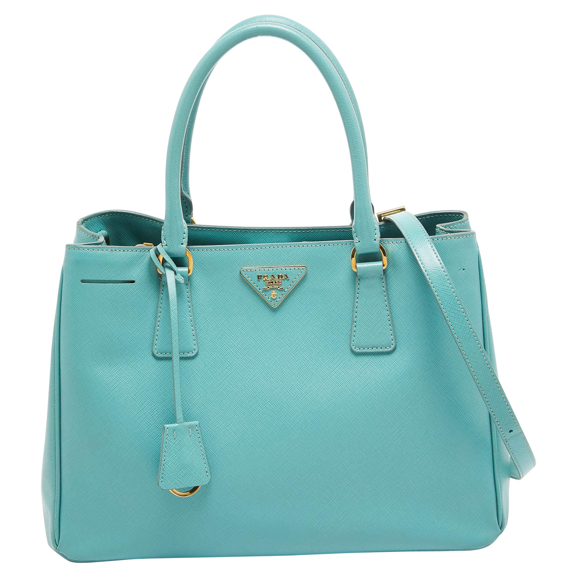 Prada Turquoise Blue Saffiano Leather Medium Middle Zip Tote For Sale