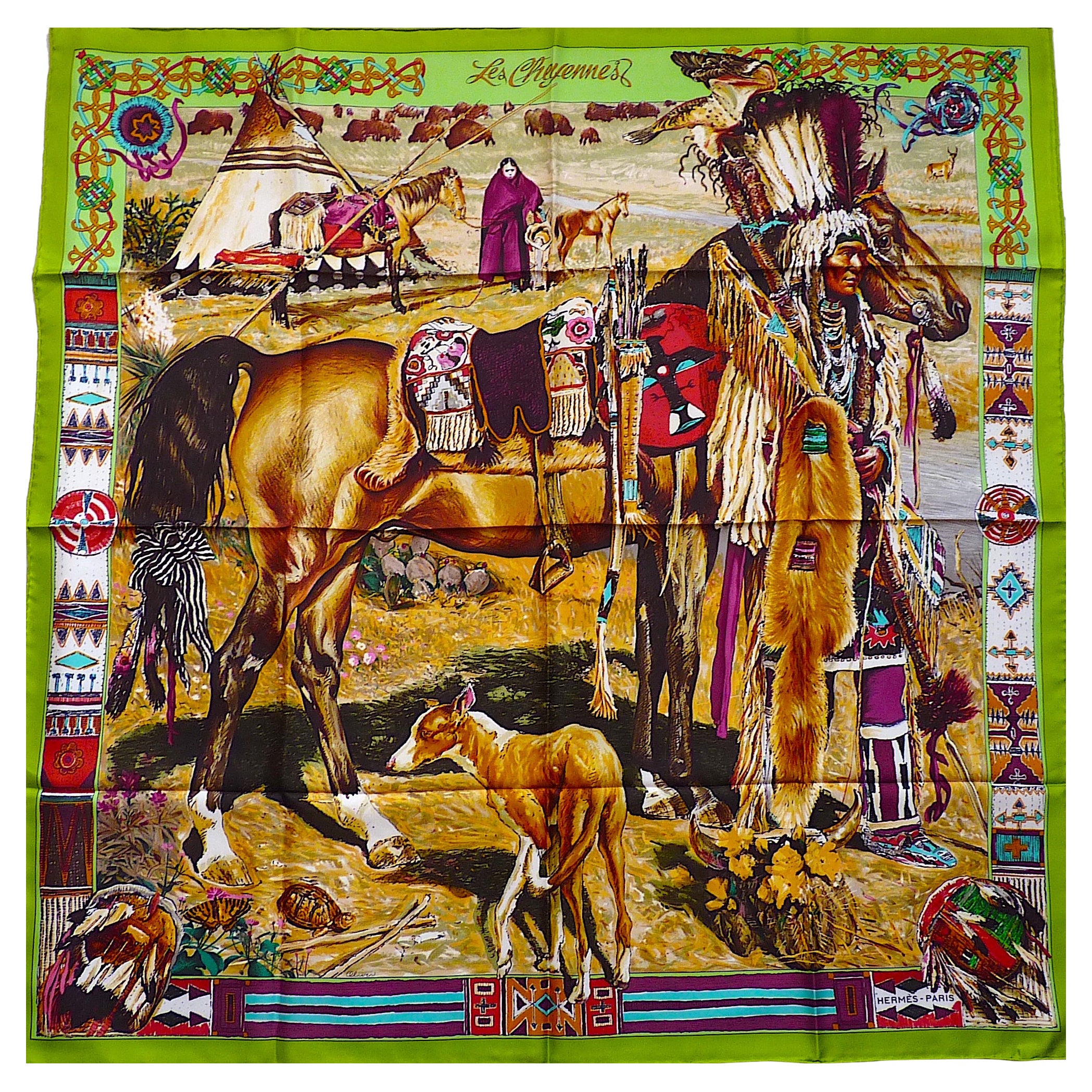 Rare HERMES Scarf LES CHEYENNES by Kermit Oliver, Perfect Condition With Box