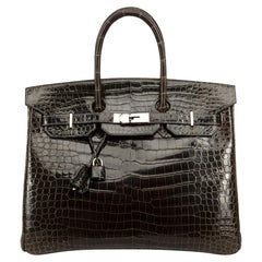 Hermès 2005 Brown Gris Foncé Shiny Porosus Crocs PHW Birkin 35