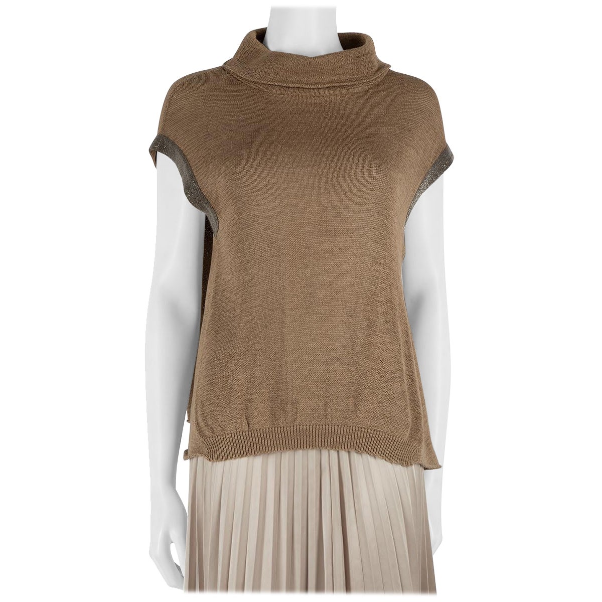 Brunello Cucinelli Brown Beaded Mock Neck Knit Top Size M For Sale