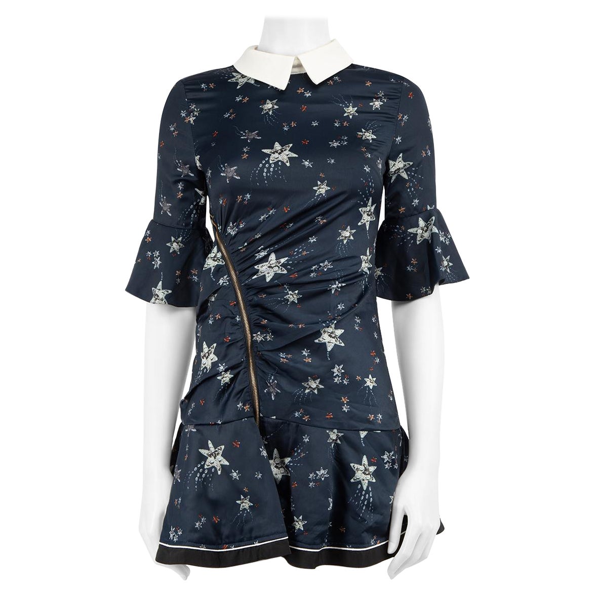 Self-Portrait Navy Star Print Zipped Detail Mini Dress Size XS For Sale