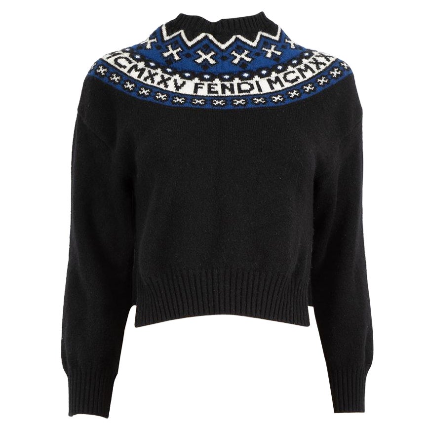 Fendi Black Wool Knitted Mock Neck Logo Jumper Size S For Sale