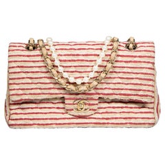 Used Chanel Beige Coco Quilted Pearl Sailor Tweed Medium Classic Double Flap Bag