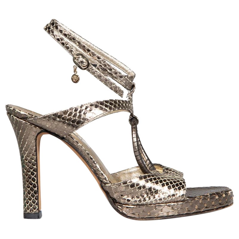 Versace Silver Snakeskin Platform Strappy Heels Size IT 36 For Sale