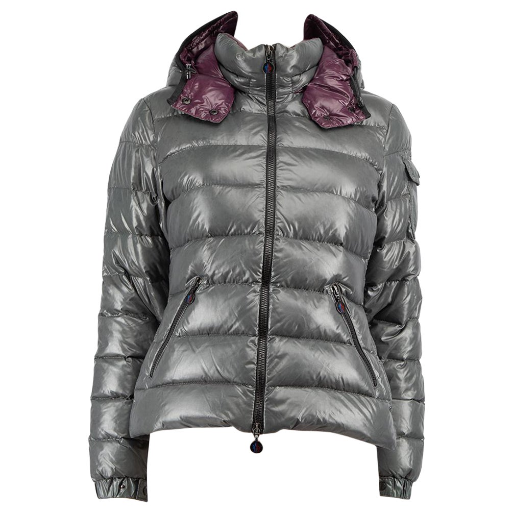 Moncler Grey Quilted Puffer Down Hooded Coat Size M For Sale