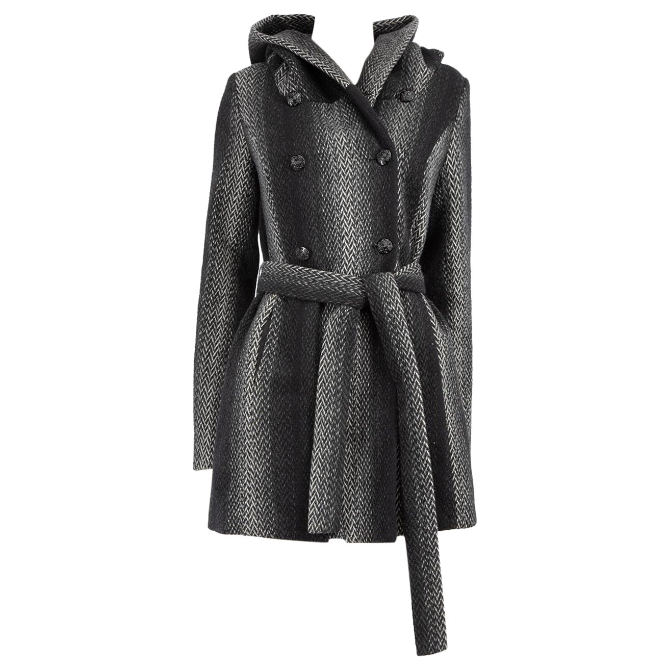 Christian Siriano Grey Wool Ombré Stripe Belted Coat Size L For Sale
