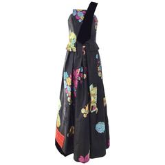 Retro Christian Lacroix Black and Multi Color Floral Silk Brocade Top and Skirt, 1980s
