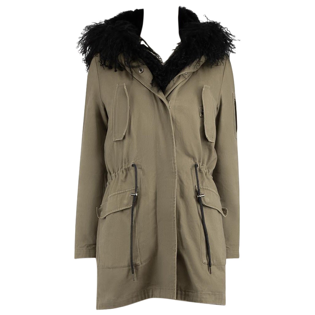 Maje Khaki Faux Fur Lined Parka Coat Size S For Sale