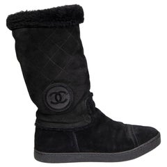 Chanel Black Suede Interlocking CC Logo Boots Size IT 37