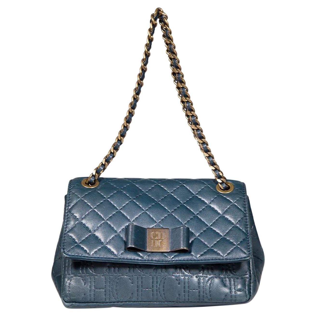 Carolina Herrera Blue Leather Embossed Bow Shoulder Bag For Sale