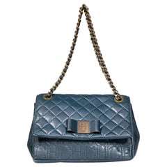 Used Carolina Herrera Blue Leather Embossed Bow Shoulder Bag