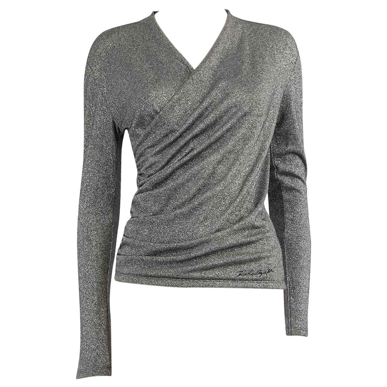 Karl Lagerfeld Silver Glitter Ruched Plunge Top Size S For Sale