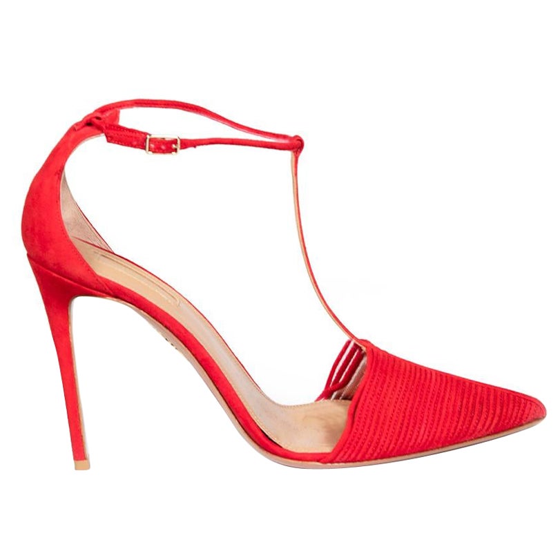 Aquazzura Red Suede T-Strap Heels Size IT 42 For Sale
