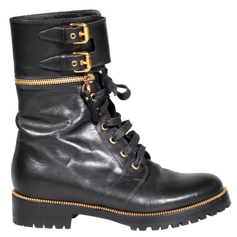 Sergio Rossi Black Calfskin Leather Biker Combat Boots Size IT 36 For Sale