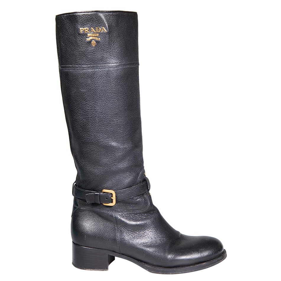 Prada Black Calf Leather Logo Knee High Boots Size IT 39 For Sale