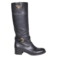 Used Prada Black Calf Leather Logo Knee High Boots Size IT 39