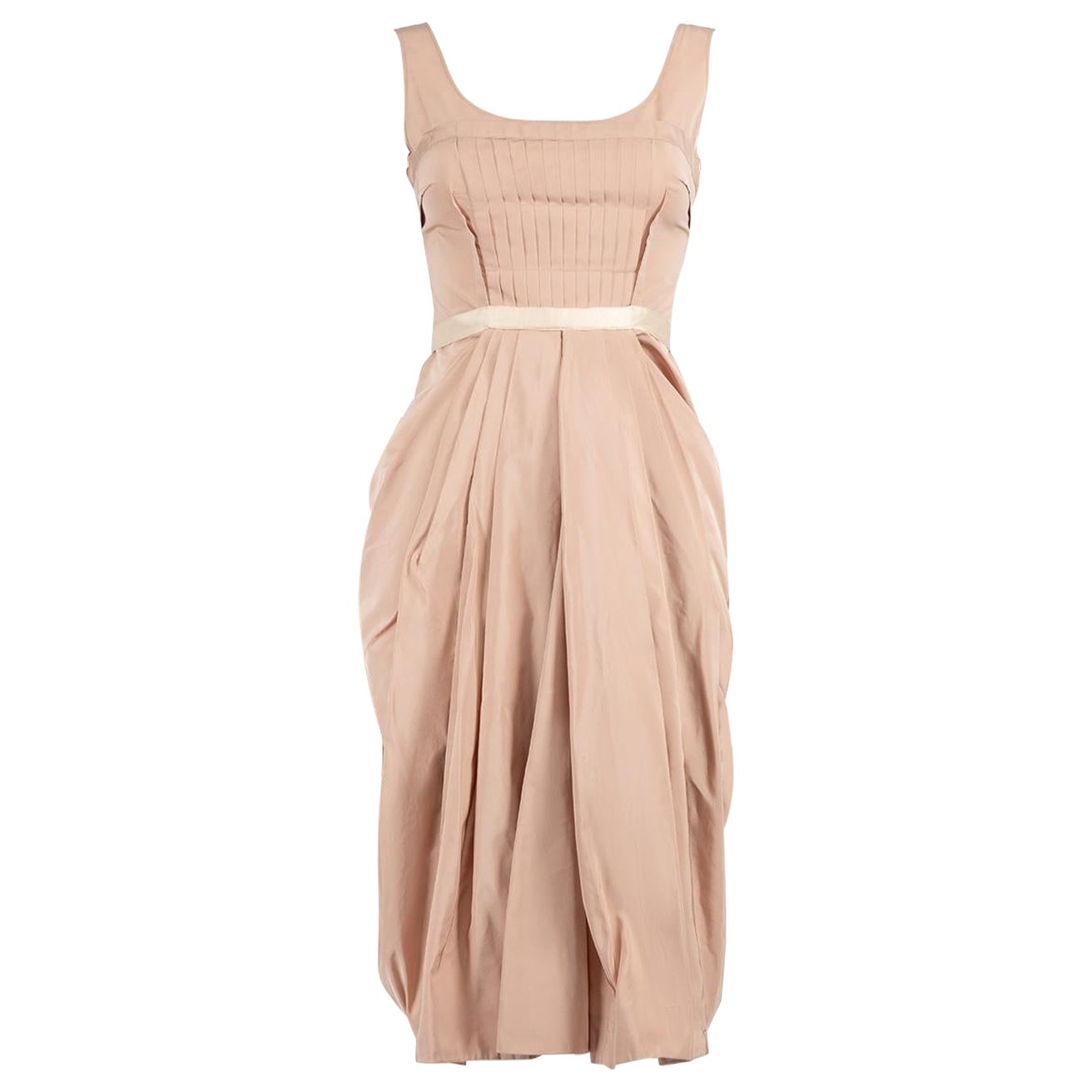Prada Pink Pleated Accent Belted Midi Dress Size XS For Sale